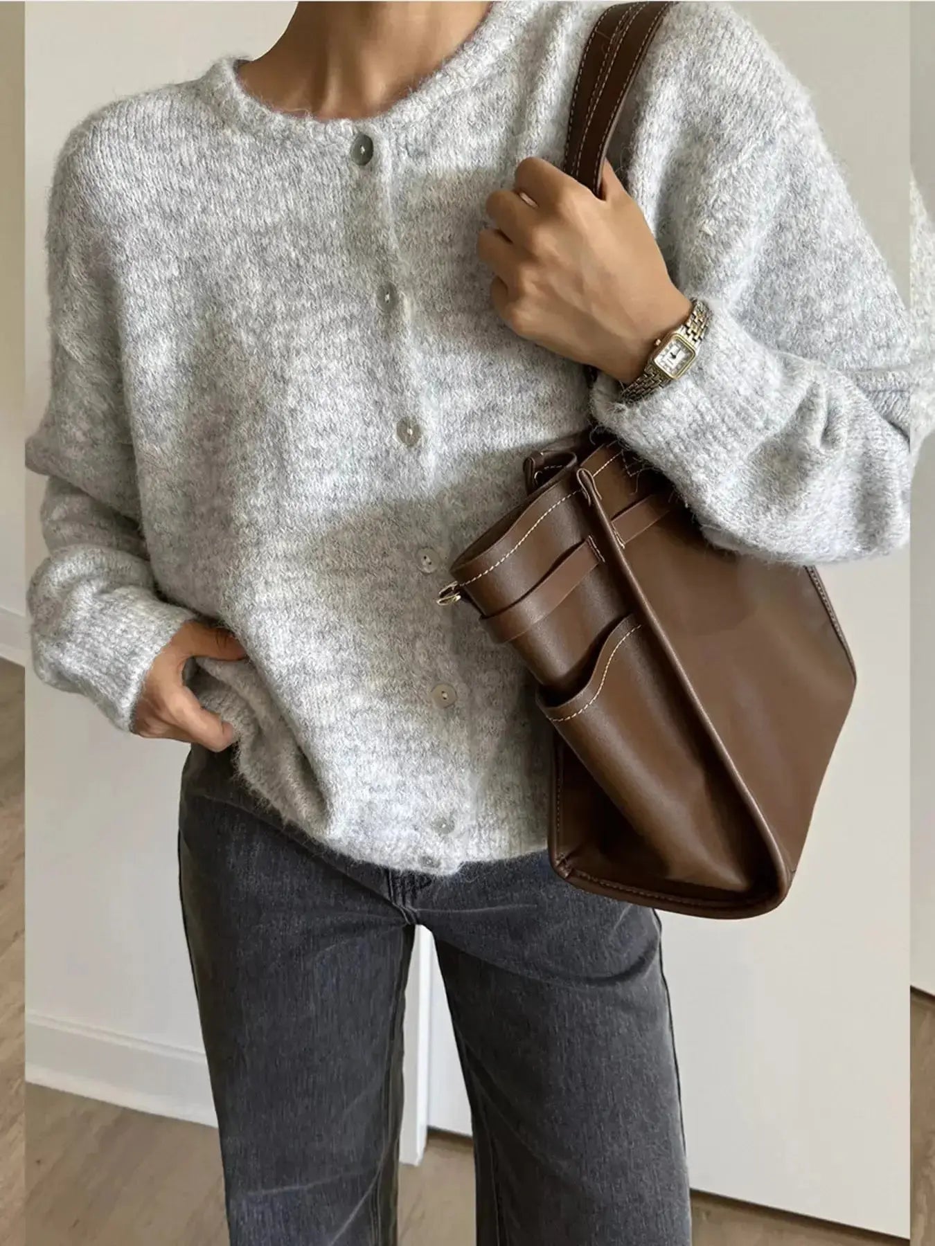 Plush Fashion Hub classic button-up long sleeve cardigan in soft knit fabric, perfect for layering and casual wear.
