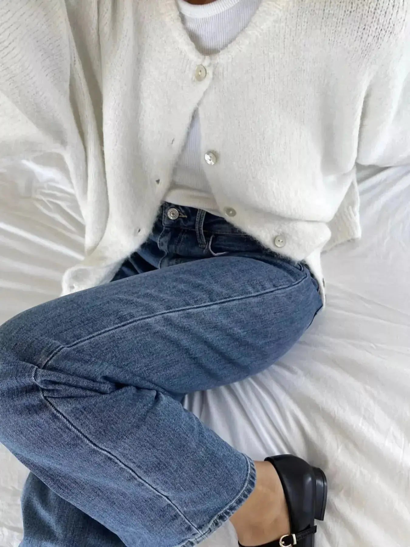 Plush Fashion Hub classic button-up long sleeve cardigan sweater in soft knit fabric, perfect for layered, casual styles.