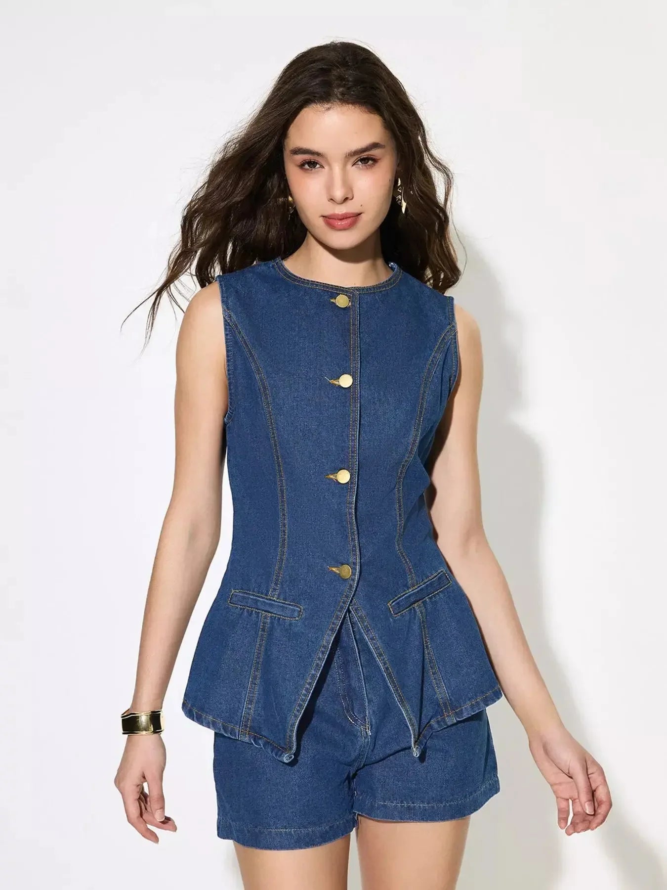 Button Up Sleeveless Denim Top and Shorts Set - Plush Fashion Hub