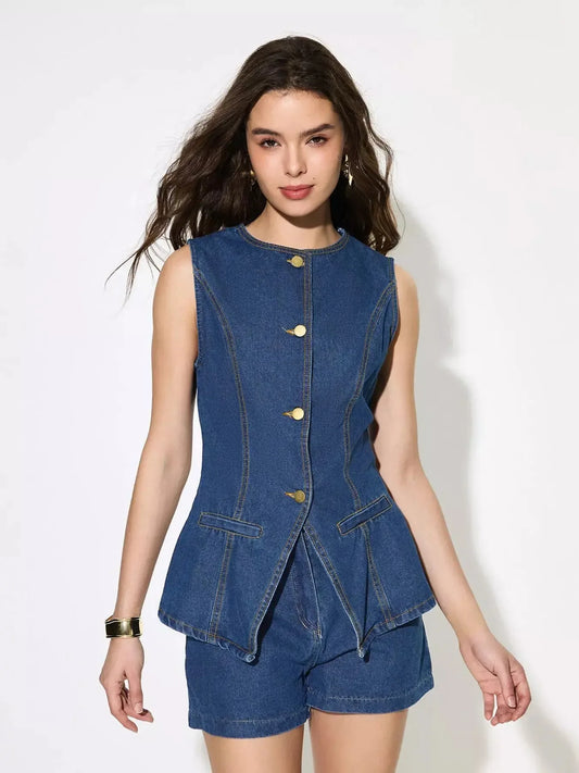 Button Up Sleeveless Denim Top and Shorts Set - Plush Fashion Hub
