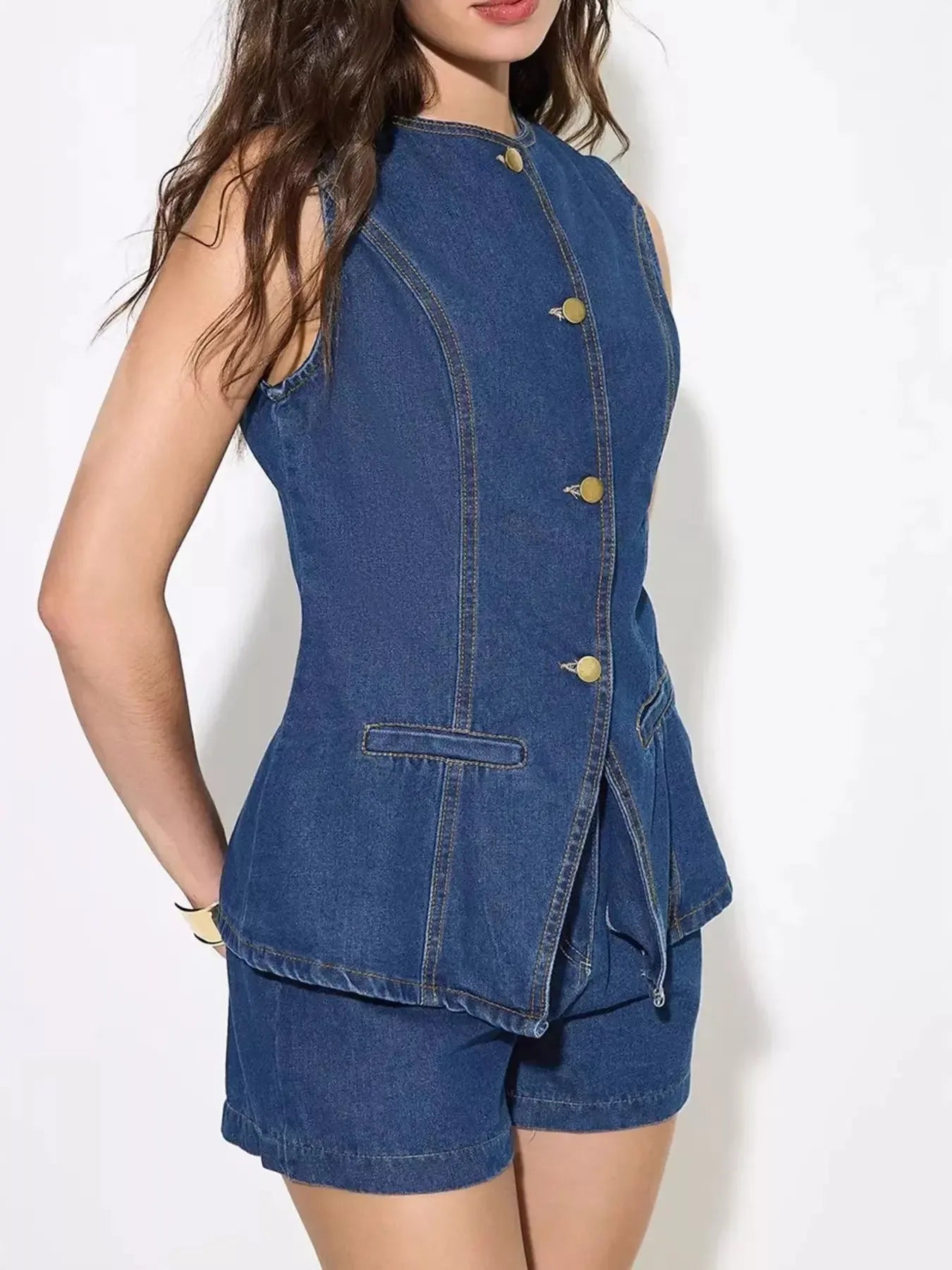 Button Up Sleeveless Denim Top and Shorts Set - Plush Fashion Hub