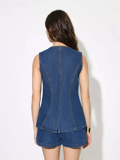 Button Up Sleeveless Denim Top and Shorts Set - Plush Fashion Hub