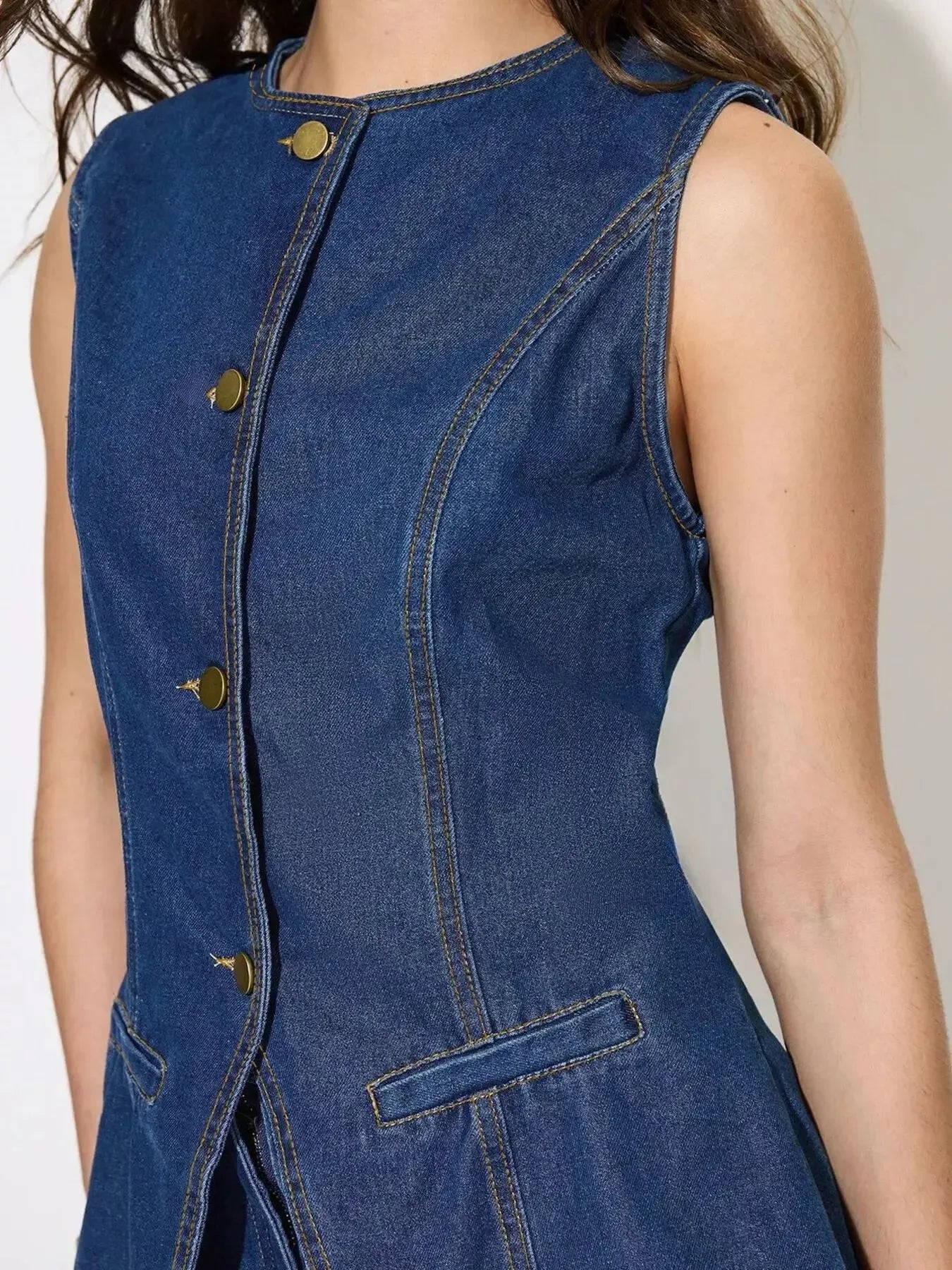 Button Up Sleeveless Denim Top and Shorts Set - Plush Fashion Hub