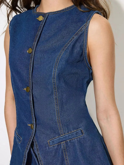 Button Up Sleeveless Denim Top and Shorts Set - Plush Fashion Hub