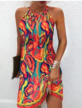 Women's sleeveless printed hollow dress from Trendy Attic Store01, featuring a stylish design and vibrant pattern.
