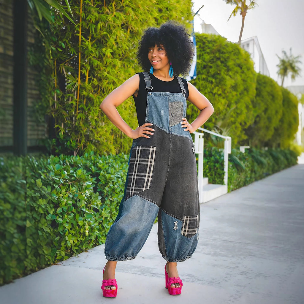 Ripped Patchwork High-Waisted Denim Overalls