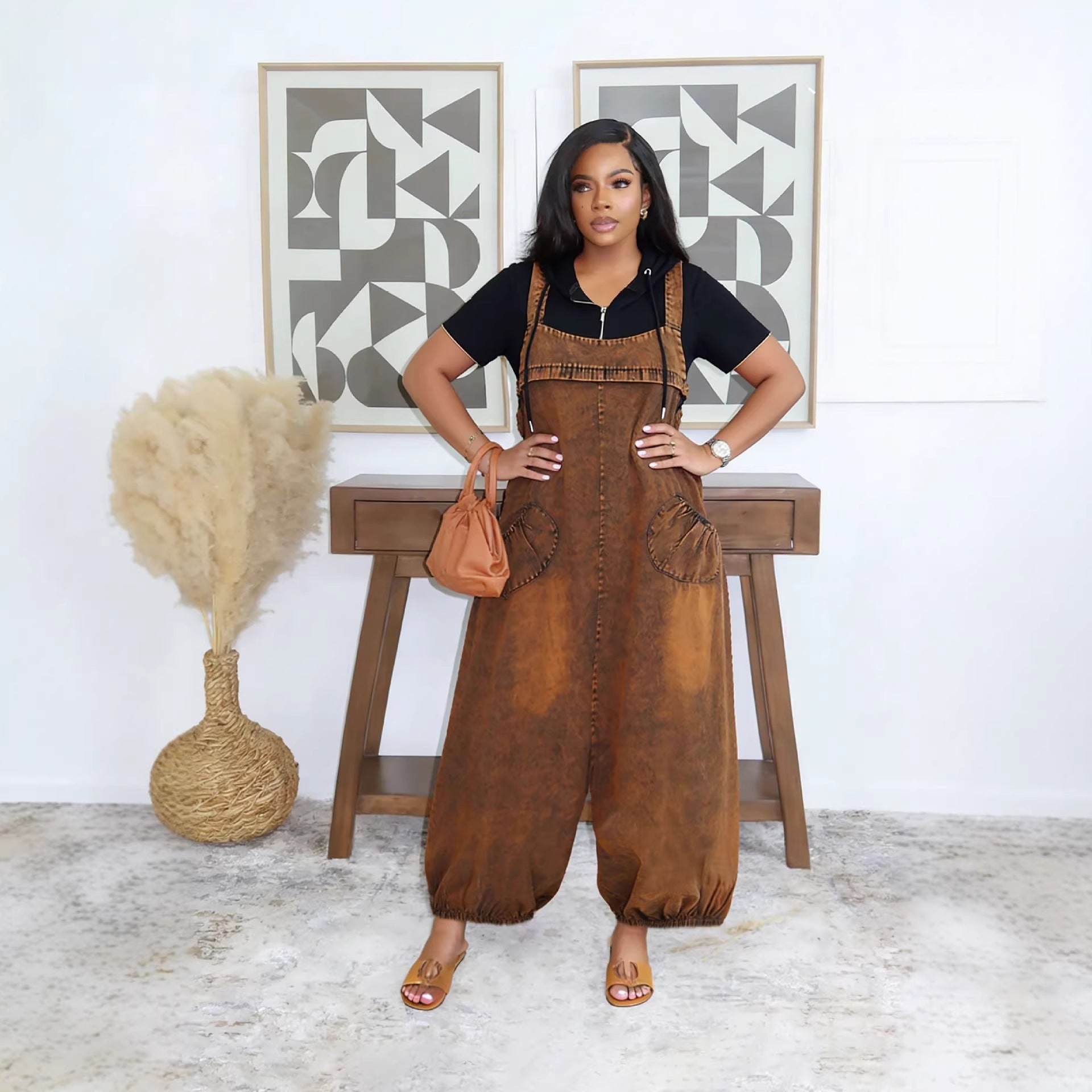 Spring Summer Casual Loose Slant Pocket Lantern Denim Overalls