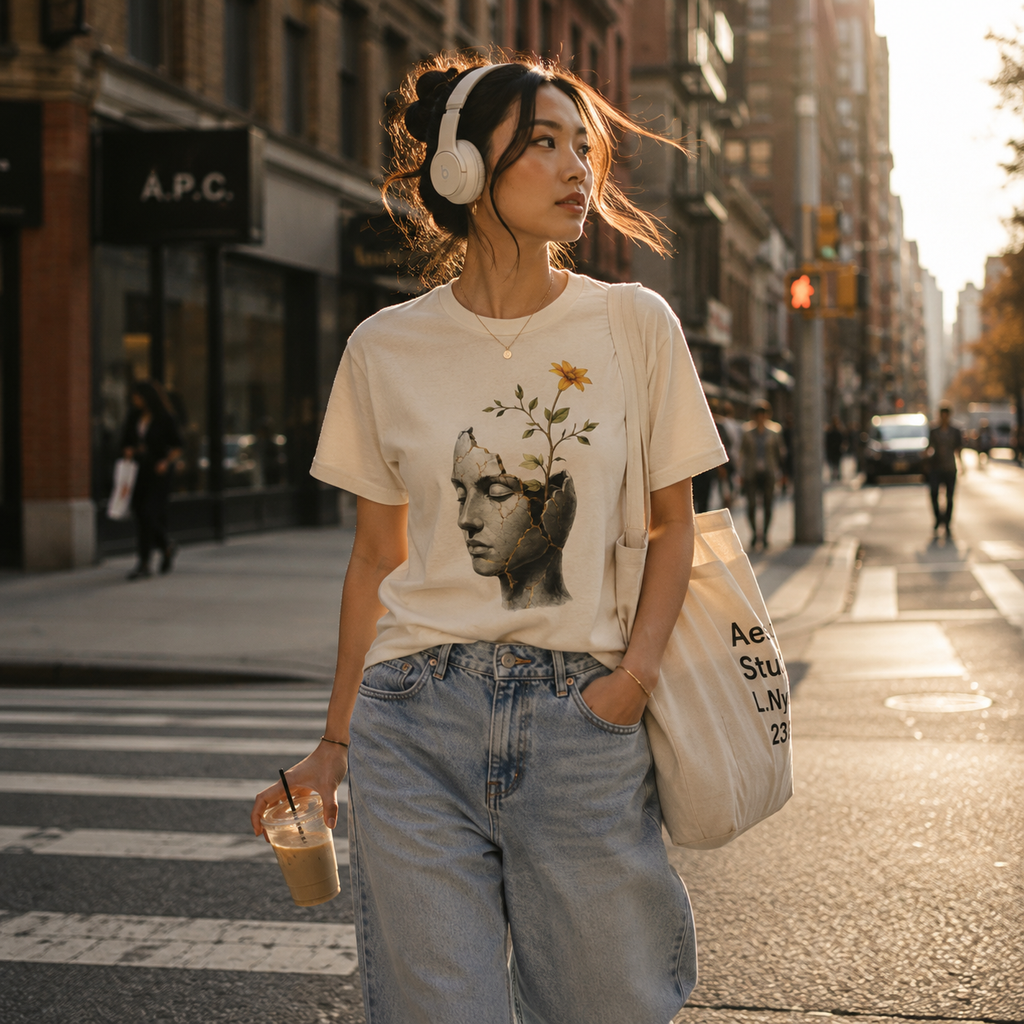 Wear Your Worship Still Becoming T-Shirt featuring cracked sculpture and flower growth design on soft fabric.