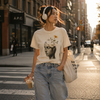 Wear Your Worship Still Becoming T-Shirt featuring cracked sculpture and flower growth design on soft fabric.