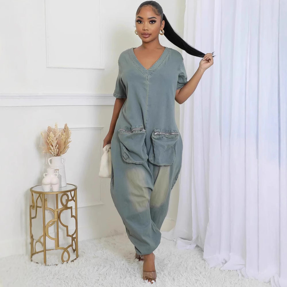 Women’s peacock blue washed denim overalls with a loose fit and front pockets, stylishly designed by Plush Fashion Hub.