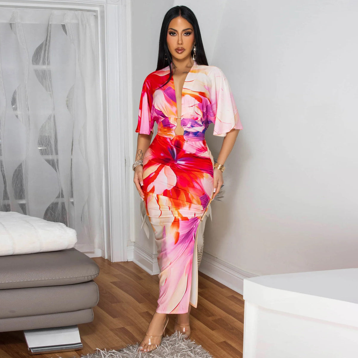 Luna V-neck side-split midi skirt set by Plush Fashion Hub, featuring a stylish two-piece with a V-neck top and flowing skirt