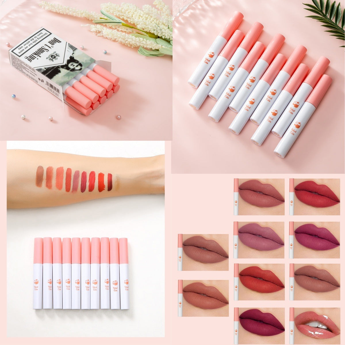Set of matte liquid lipsticks in white and pink cigarette-style tubes.