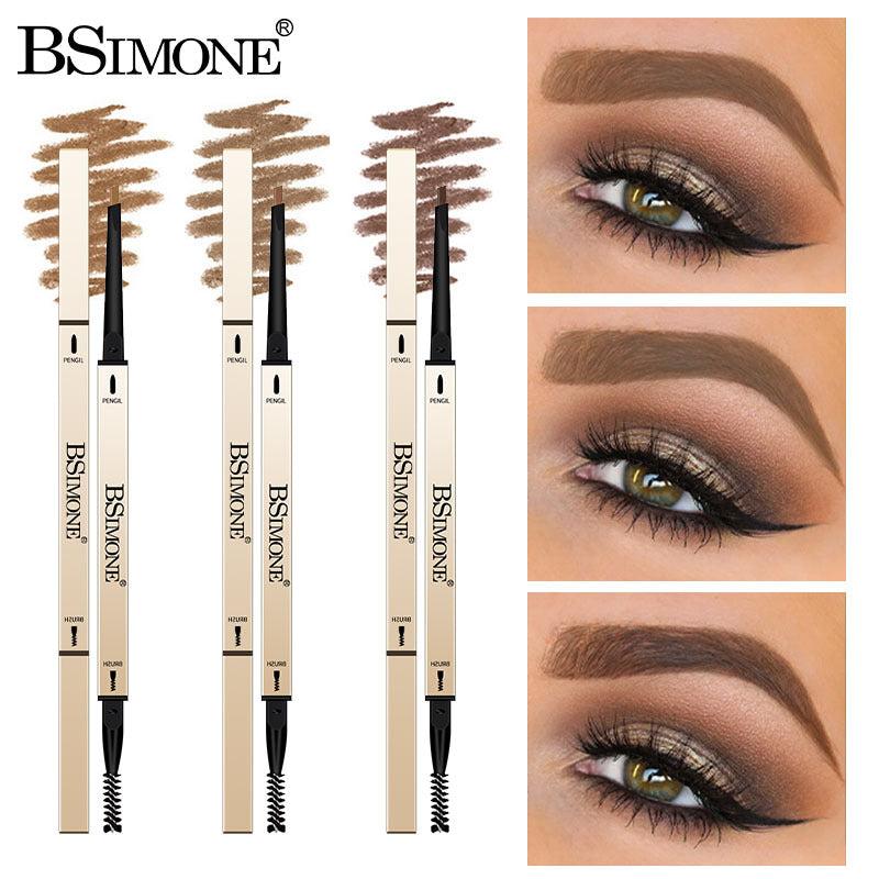 Three BSIMONE dual-ended eyebrow pencils in light, medium, and dark brown with spoolie brushes and swatches.