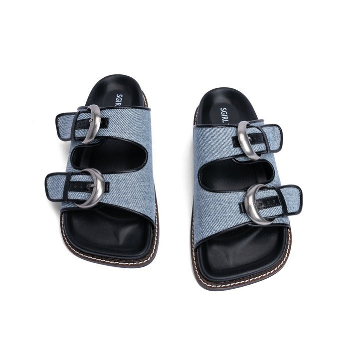 Minimalist denim strappy Roman sandals from Plush Fashion Hub featuring open toe design and adjustable ankle straps.