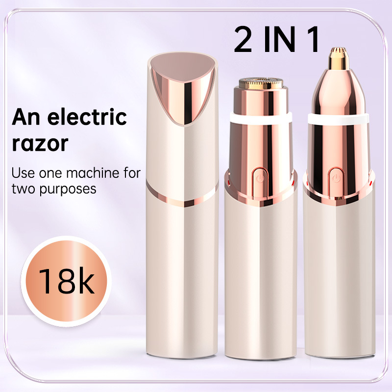 Two-in-one electric razor in white and rose gold with interchangeable facial and eyebrow trimming heads.