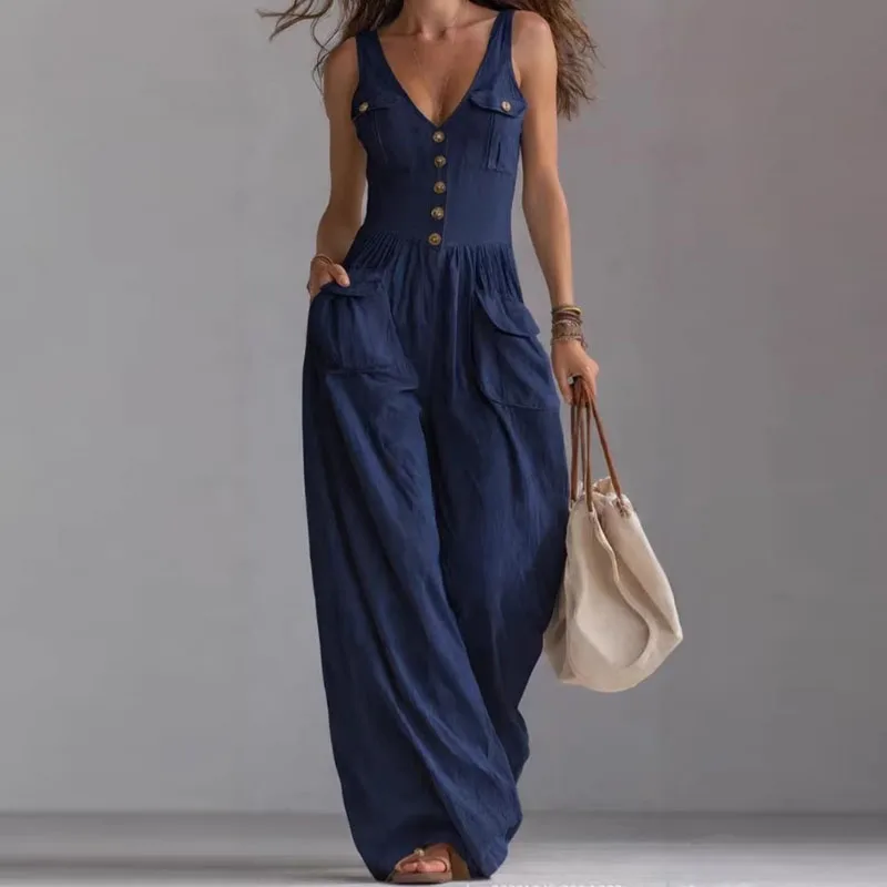 V-neck button-front vest jumpsuit from Plush Fashion Hub featuring a stylish, fitted design and sleeveless style.
