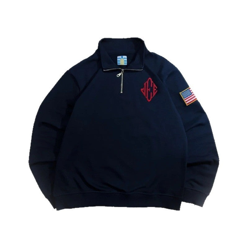 Vintage Retro Embroidered Hooded Polo Sweatshirt