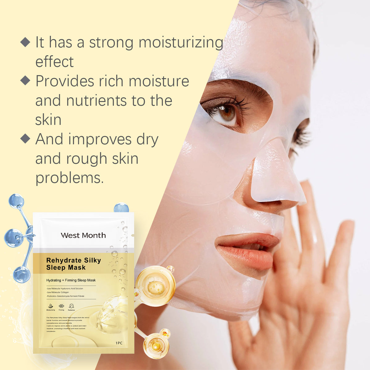 A white and gold West Month Rehydrate Silky Sleep Mask pouch beside a woman wearing a translucent face sheet mask.