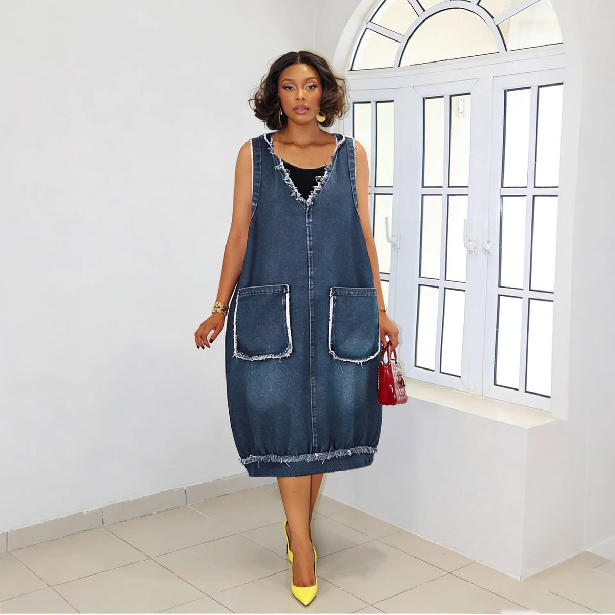Eprolo frayed edge cocoon hooded oversized midi dress with front pocket, relaxed fit, and casual style, shown on a model.