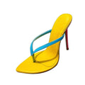 Yellow leather thong stiletto mules with a bright blue strap and a pink heel. Pointed-toe luxury design.