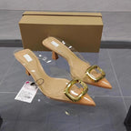 Nude stiletto sandals with clear PVC straps, pointed toes, and large square gold buckles in a shoe box.