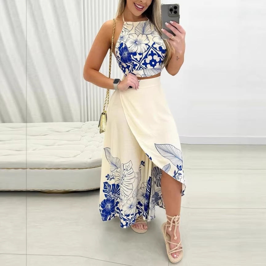 Backless hanging neck long skirt two-piece set by Plush Fashion Hub, featuring a stylish, flowing skirt and matching top.