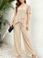 Women's irregular hem top and wide-leg pants matching set from Plush Fashion Hub, stylish two-piece outfit for casual wear.