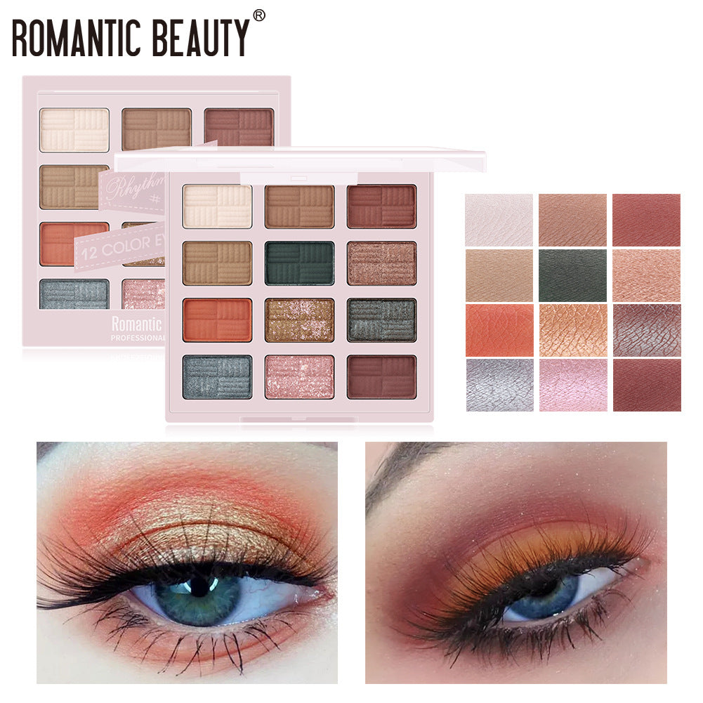Romantic Beauty 12-color eyeshadow palette with a mix of neutral, pink, and bold tones in matte, shimmer, and glitter finishes.