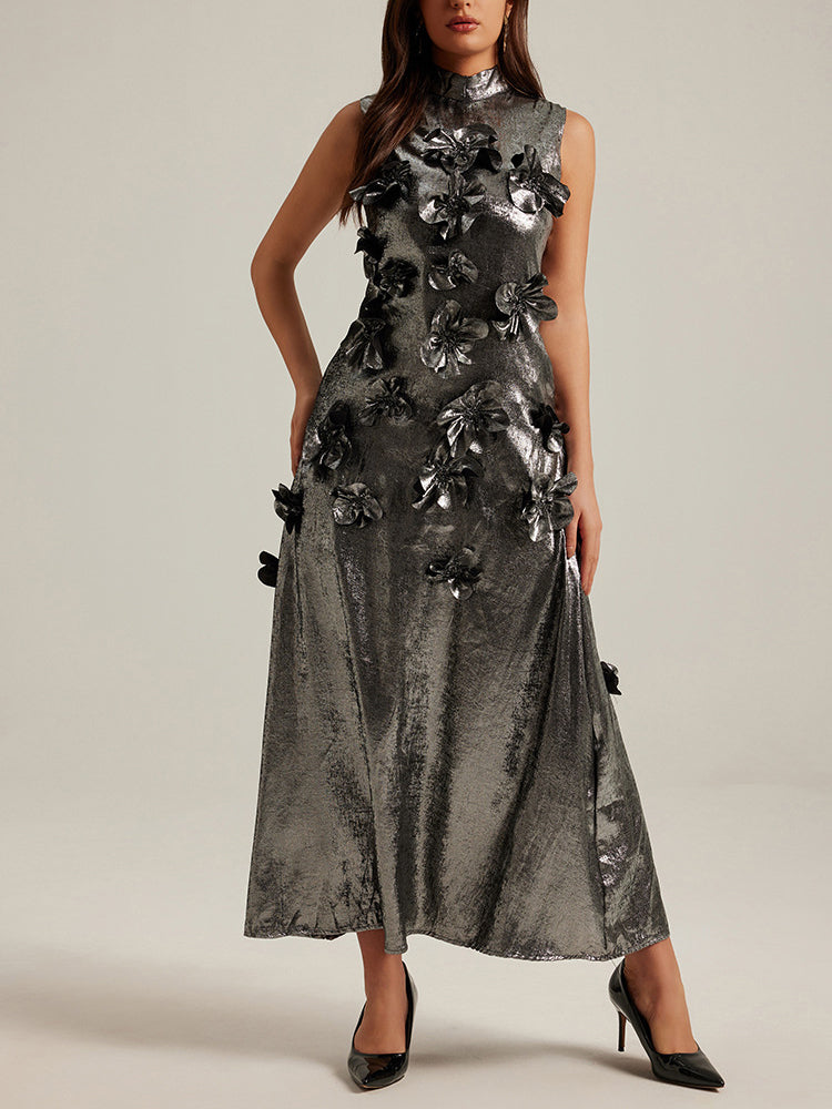 Three-dimensional floral sleeveless A-line dress in casualwear style from Plush Fashion Hub, featuring vibrant floral details and a flowy silhouette.
