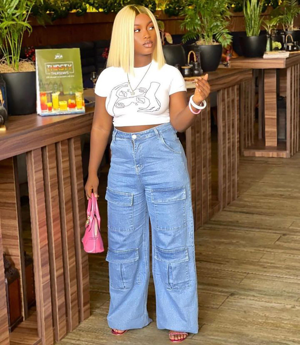 Women's washed high-waist denim pants with large pockets and straight-leg fit, casual street fashion by eprolo.