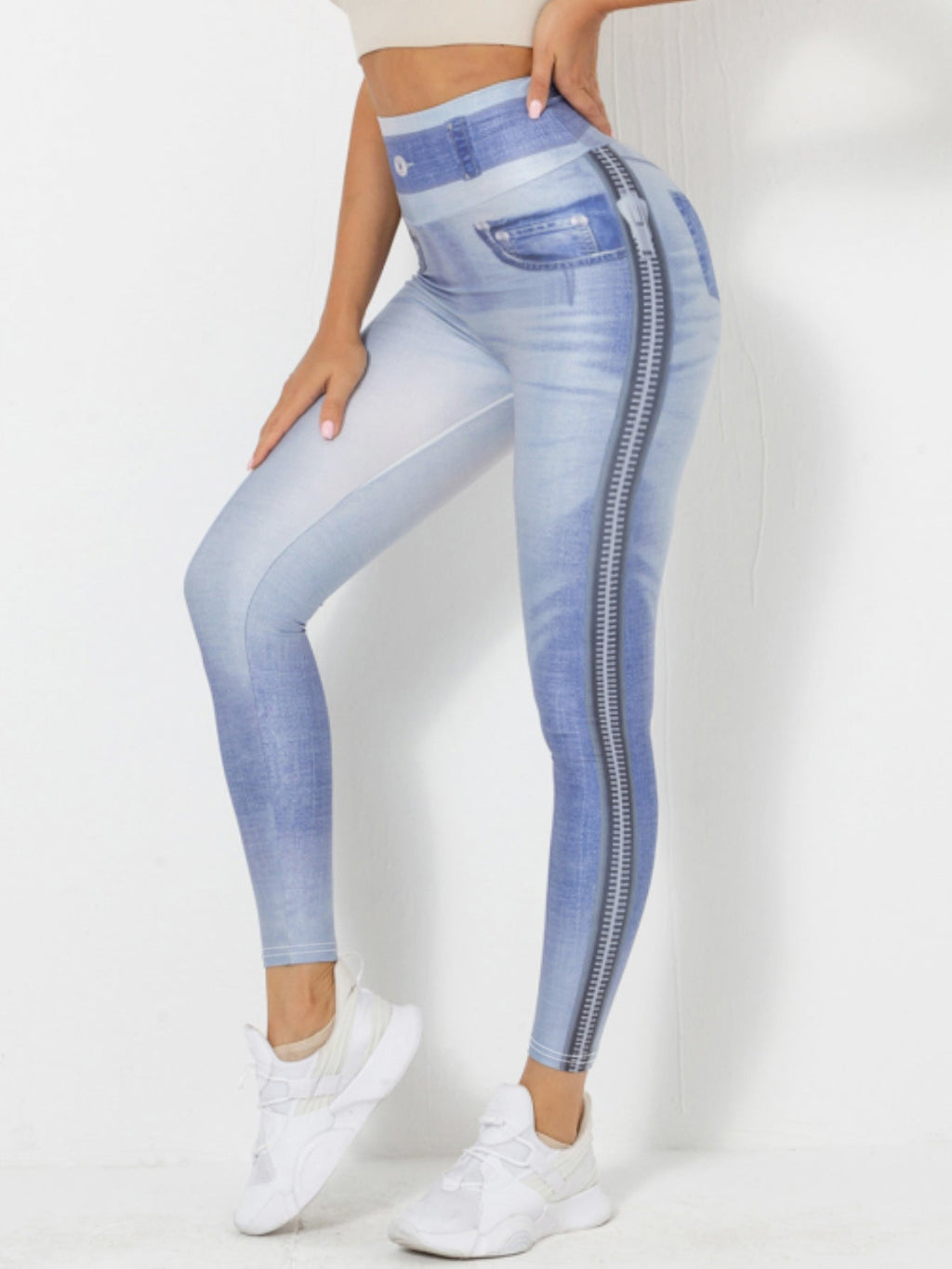 FitiqueFit denim-look peach yoga leggings, slim fit fitness workout pants shown on a model, emphasizing comfort and style.