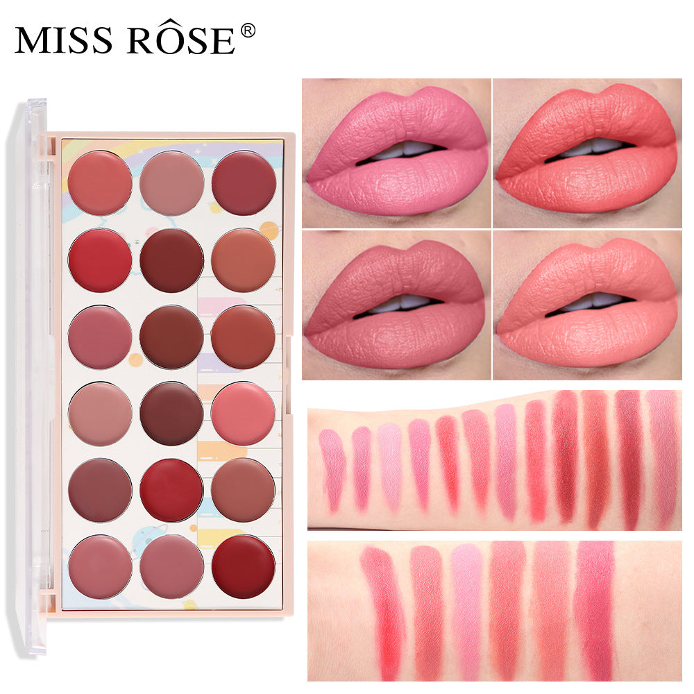Miss Rose 18-color matte lipstick palette with pastel background, shown with lip swatches and arm swatches.