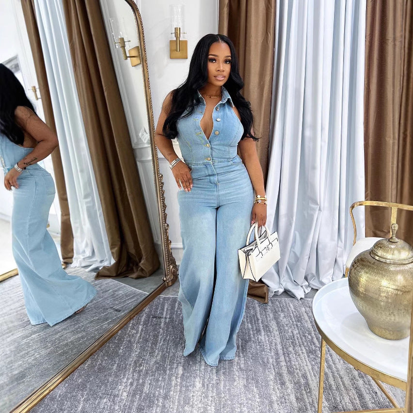 Women's strapless backless washed denim jumpsuit by Plush Fashion Hub, showcasing the stylish backless design and fitted silhouette.
