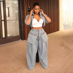 Fashion Retro Short Jacket and Long Pants Workwear Wide Leg Loose Heavyweight Denim Two-Piece Set Women's Clothing