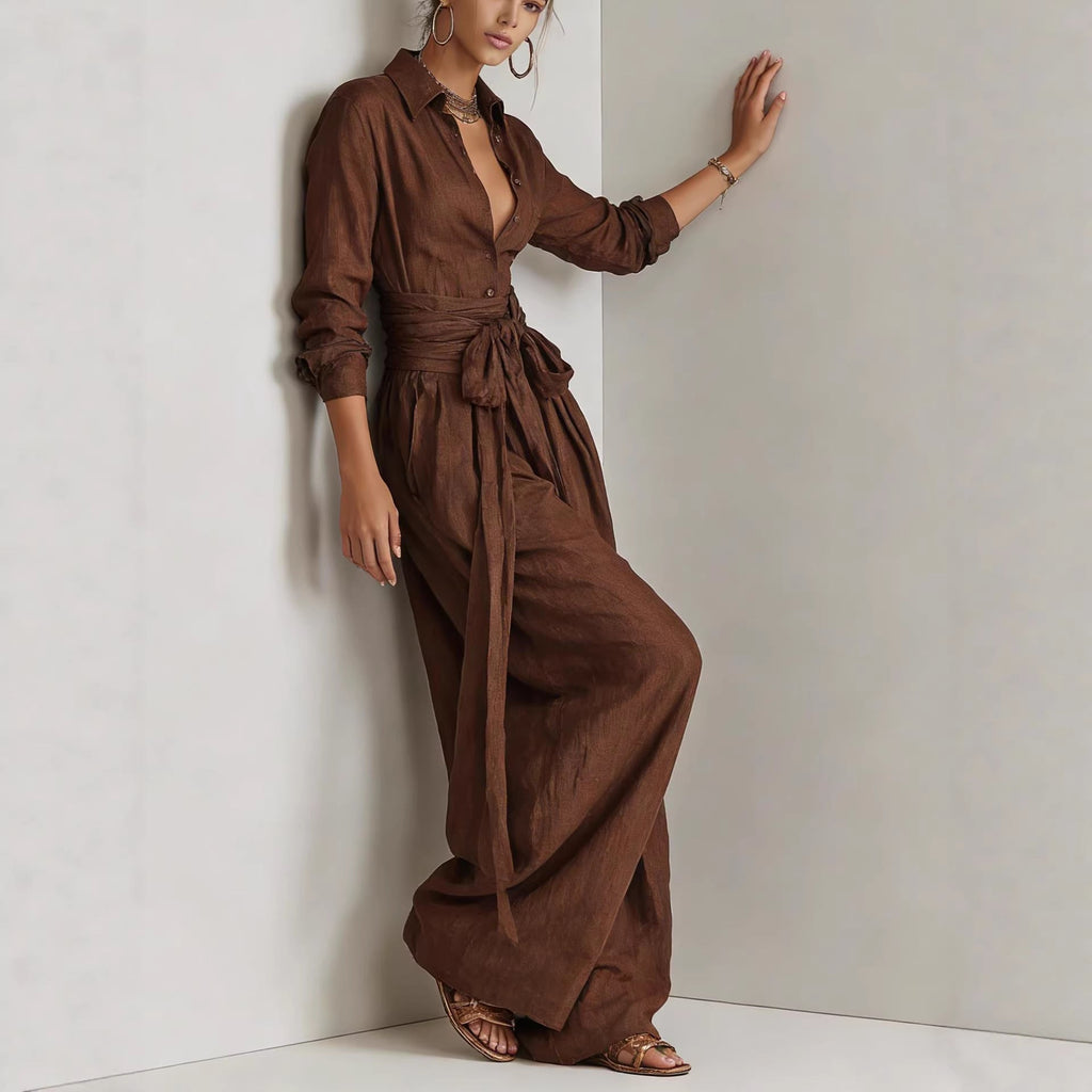 Women’s casual two-piece set with collar long sleeve top and high-waist pants in five colors by Plush Fashion Hub.