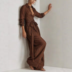 Solid color collar top high waisted pants two-piece set