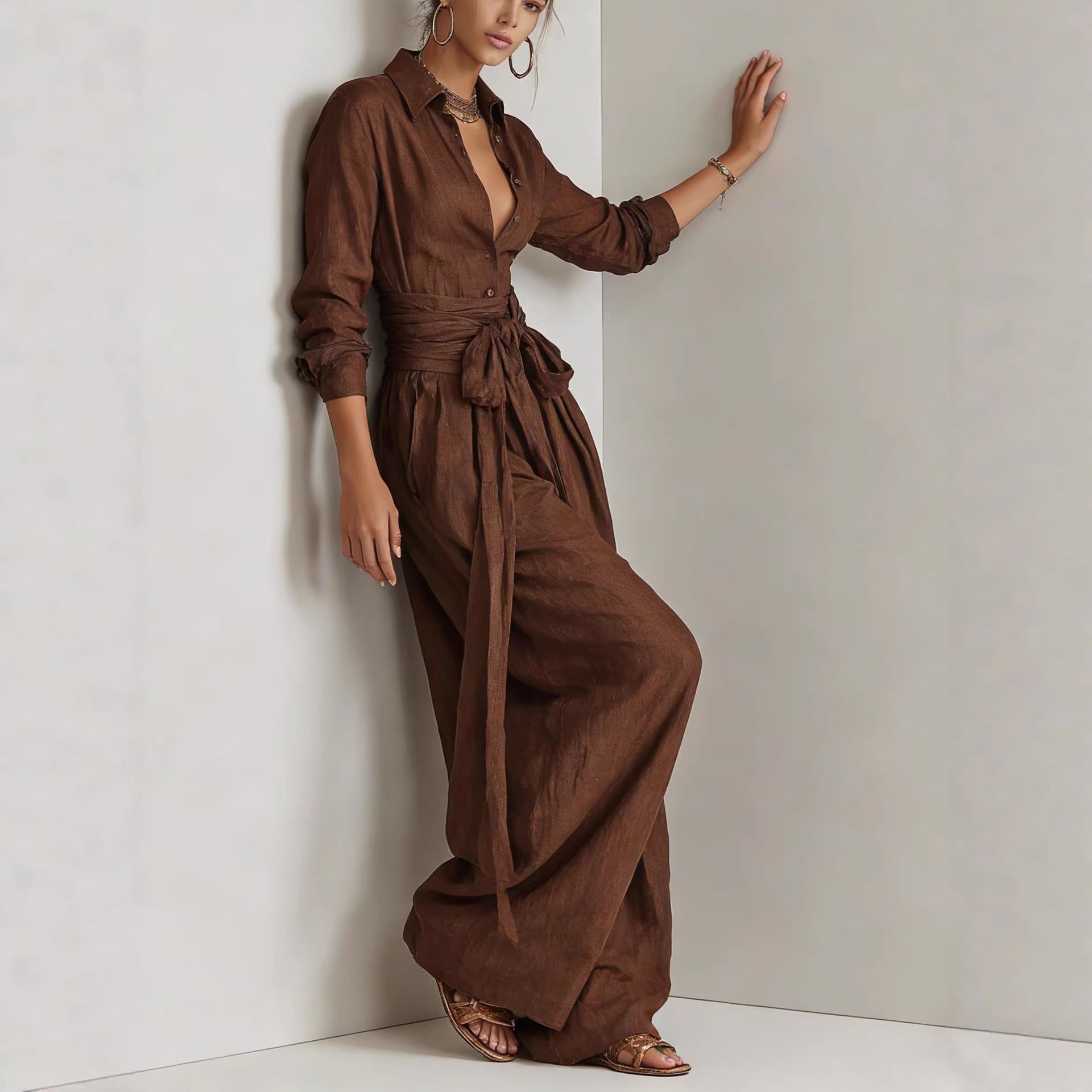 Solid color collar top high waisted pants two-piece set