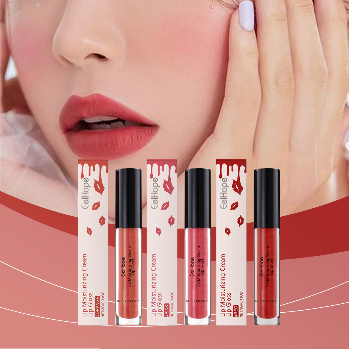 Three EelHoop lip gloss tubes in orange, pink, and red with matching boxes, displayed in front of a woman's face.