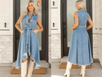 Women's sleeveless denim midi dress with irregular hem and button-front detail by Plush Fashion Hub, shown on a model.