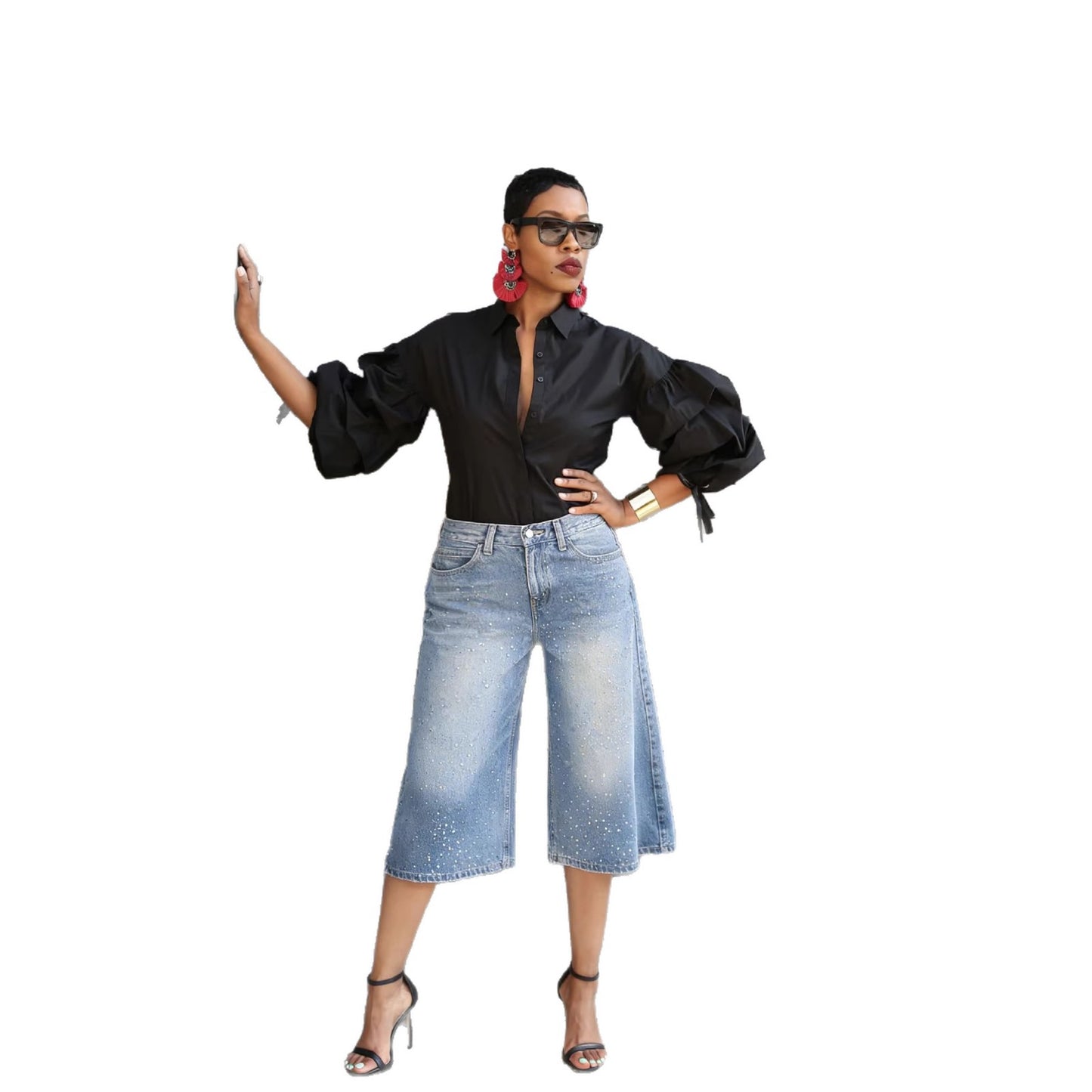 Bleached denim high-waisted jeans with studded details from Plush Fashion Hub, mid-length cut and trendy style.