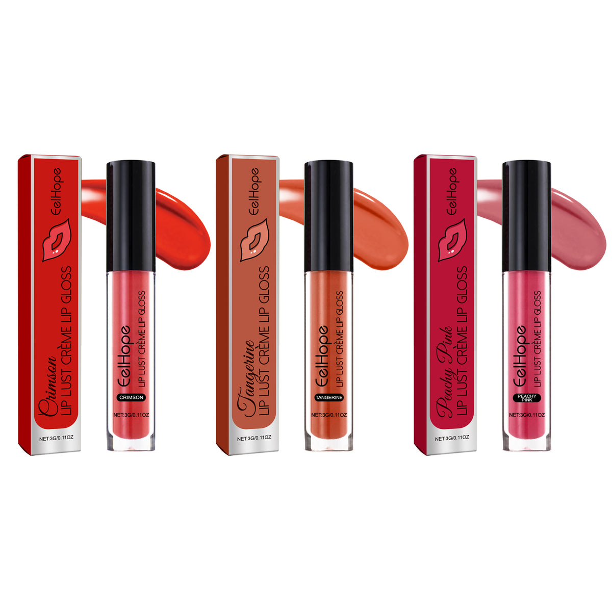 Three glosses with tubes and boxes: crimson, tangerine, and peachy pink, showing glossy swatches.
