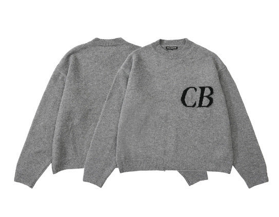 Unisex oversized knit crew neck sweater with CB letter design in beige, featuring a casual, relaxed fit from Plush Fashion Hub.