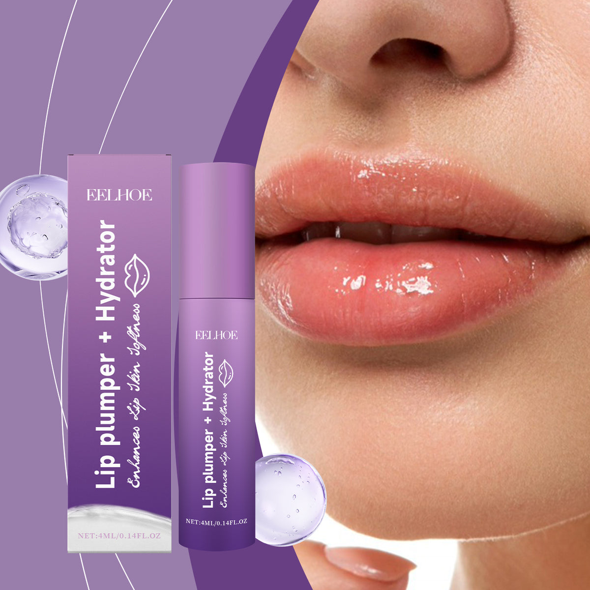 Purple Eelhoe lip plumper box and tube next to glossy lips.
