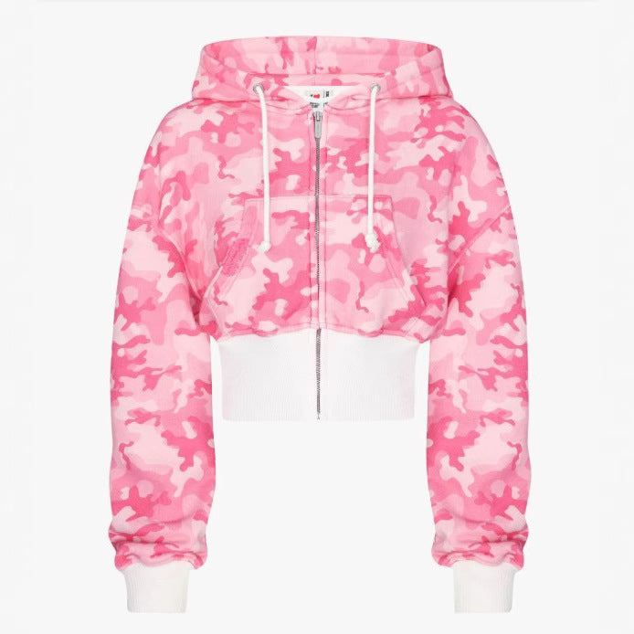 Style Pink Camouflage Print Casual Set High Street Hip-Hop Zipper Jacket with Tie Waist Pants