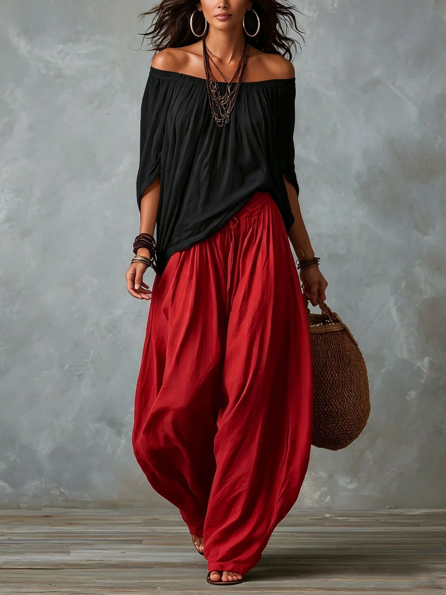 Women's one-shoulder T-shirt and wide-leg pants two-piece set from Plush Fashion Hub, urban casual outfit, shown in neutral tones.