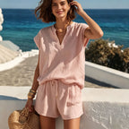 Women's casual linen two-piece set with short sleeve top and shorts by Plush Fashion Hub, displayed on a neutral background.