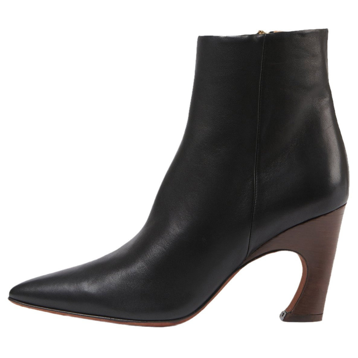 Black leather ankle boot with a pointed toe and curved wooden block heel.
