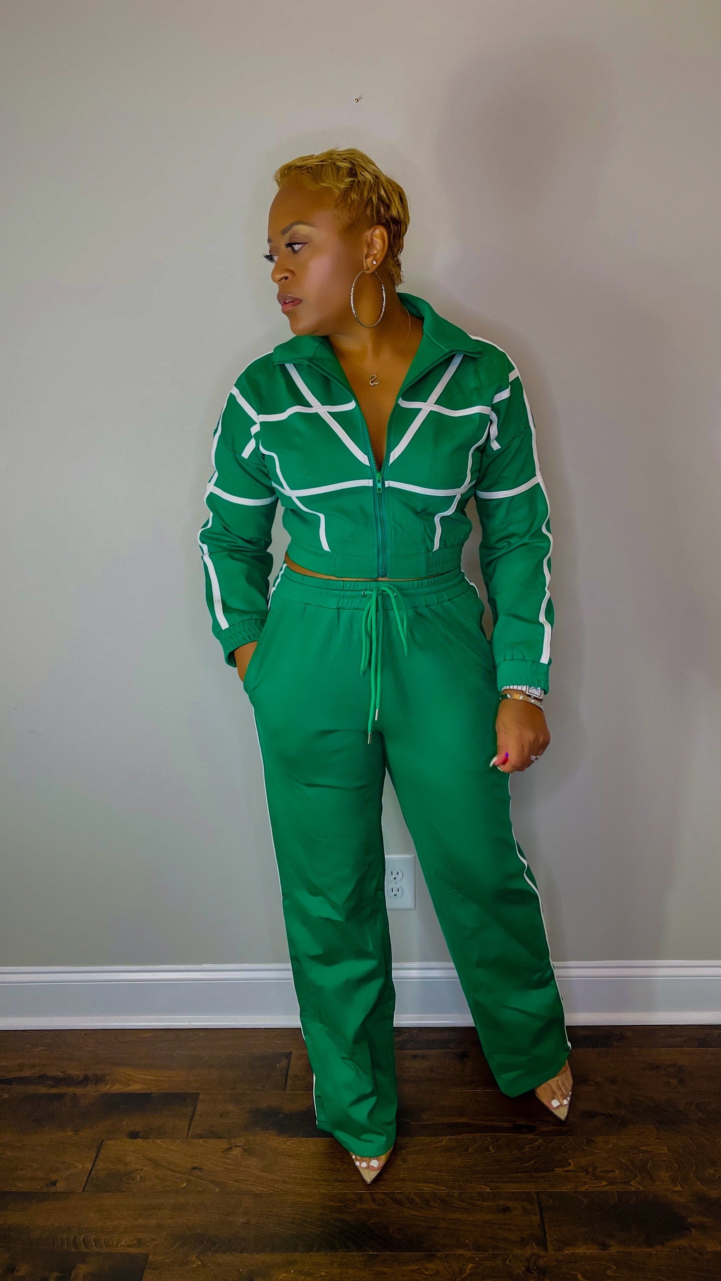 Green Tracksuit with White Contrasting Stripes The Bella Noire Store