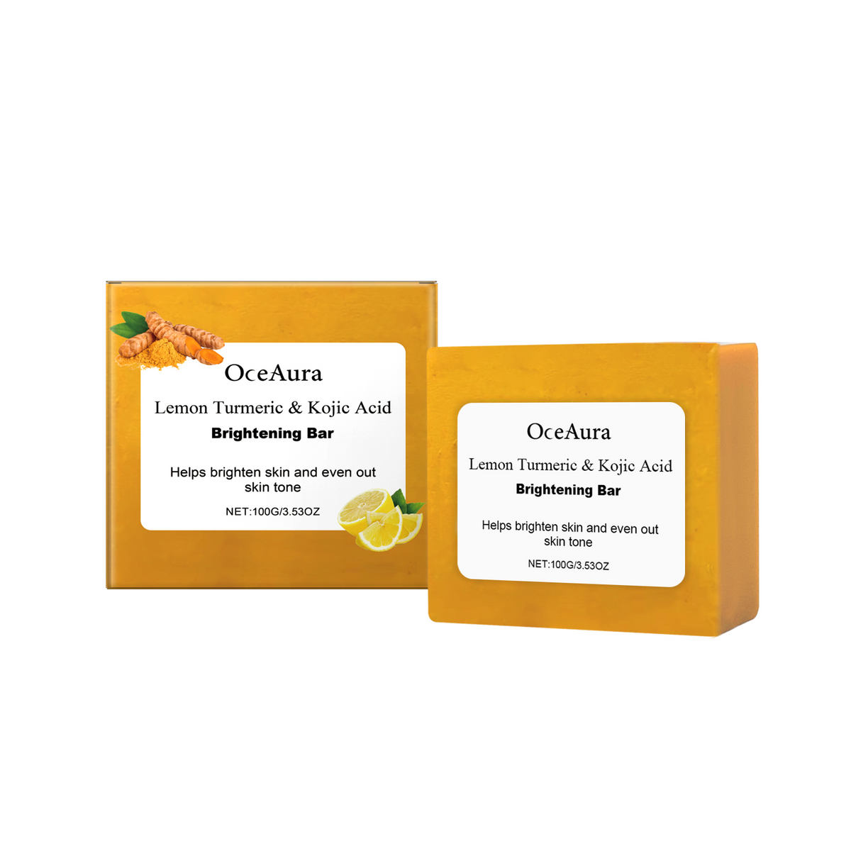 OceAura lemon turmeric & kojic acid brightening bar soap and matching yellow box with white label.