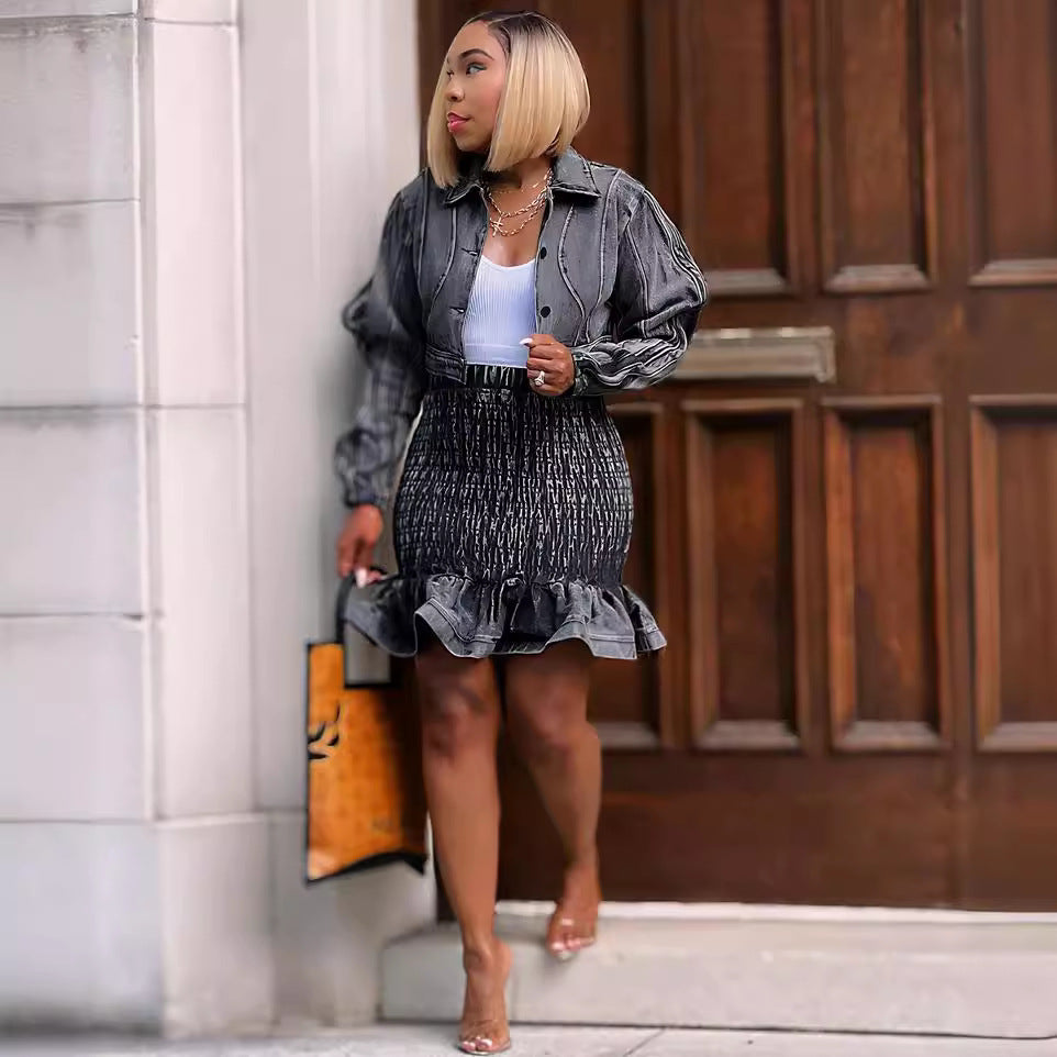 Women's high-waisted denim skirt with pleats, twisted design, ruffle details, and street fashion style from eprolo.